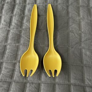 Vintage Tupperware Salad Serving Utensils 12'' Fork Spoon Set of 2 Harvest Gold